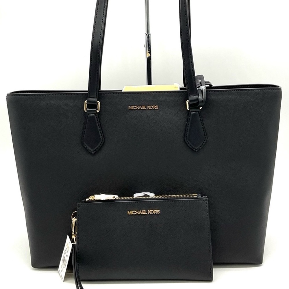 Michael Kors Bag Large Sheila Mf Tote Bag & Large Double Zip Wallet Black/Gold